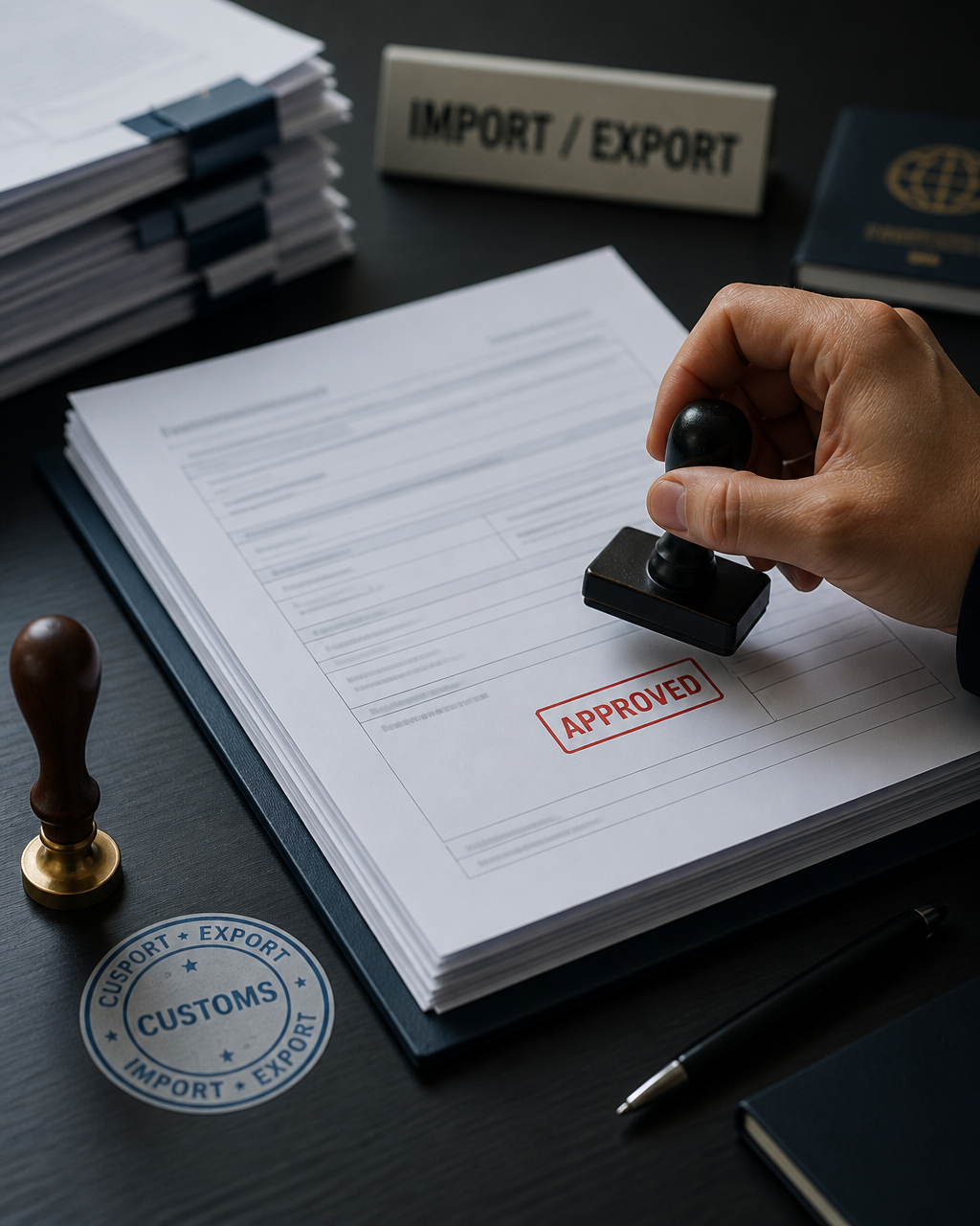 Import-export approval stamp on documentation paperwork