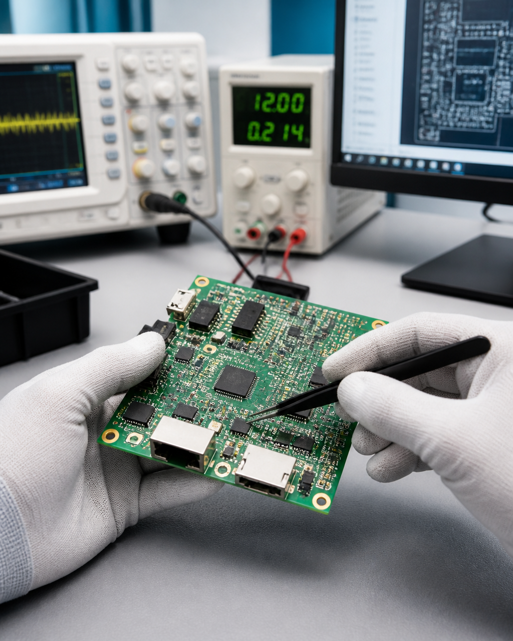 Engineer inspecting a circuit board for electronics compliance