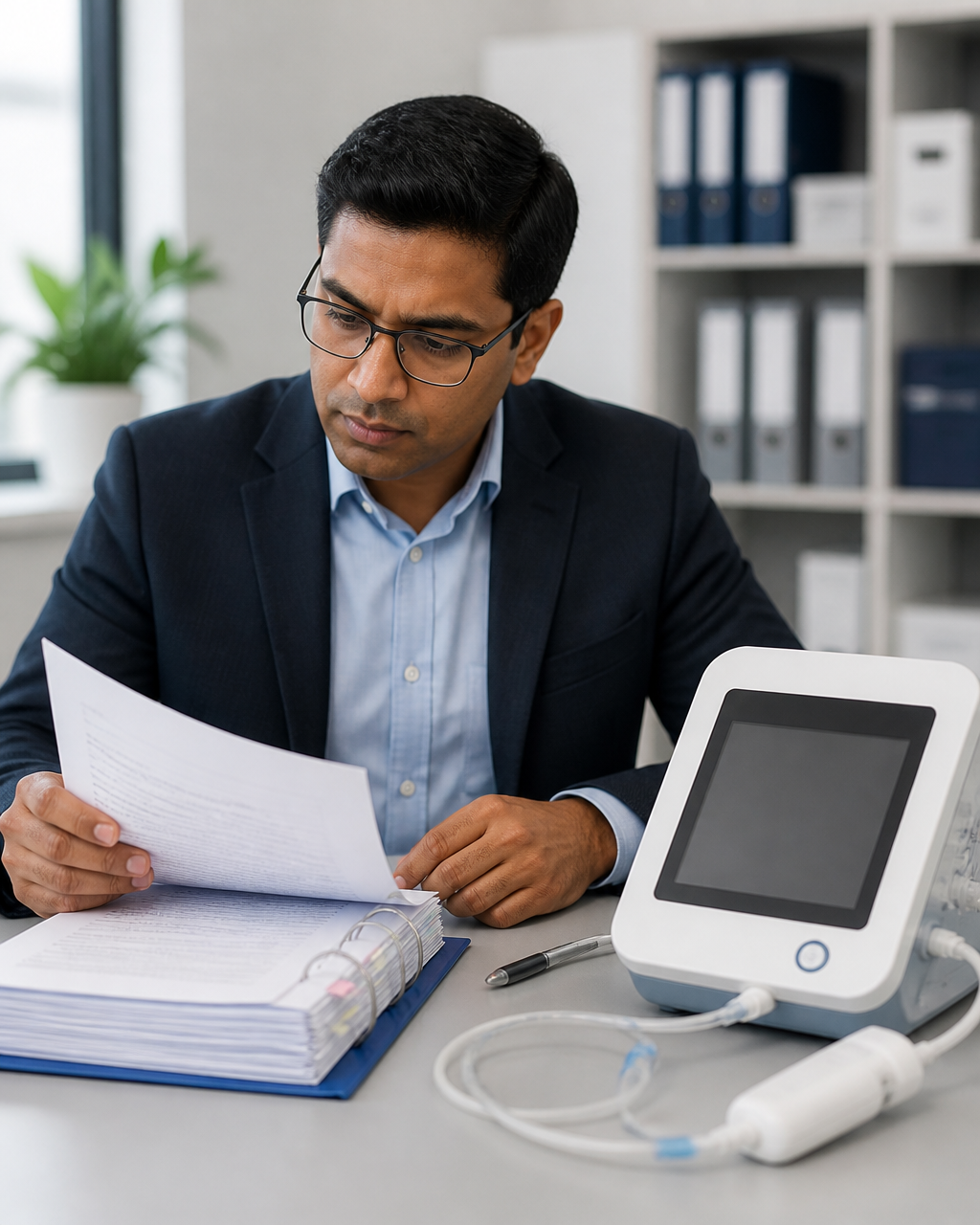 Professional reviewing documents with a medical device on desk